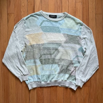 Vtg St Croix Sweater Knit Coogi Style Geometric Pastel Green Cosby Dad 90s XL - Image 1 of 4