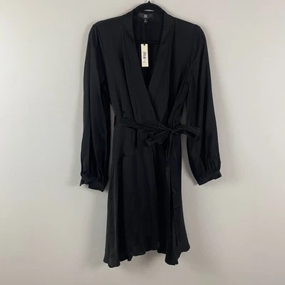Banana Republic Belicia Satin Wrap Mini Dress Medium Black Long Sleeve - Image 1 of 4