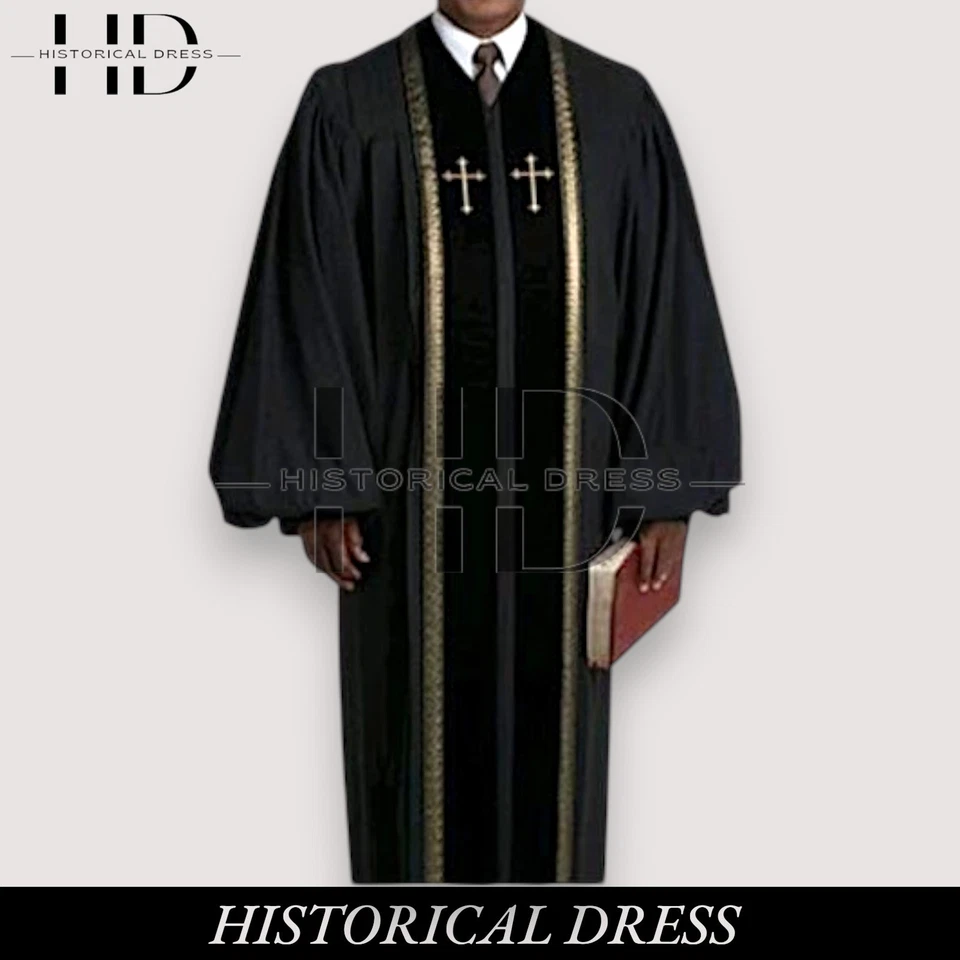 Men's Black Clergy Robe with Crosses - Pastor Preaching Gown Church Vestment - Image 1 of 4
