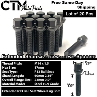 20x Audi Black 14x1.5 Ball Seat Lug Bolts 60mm Shank Fit Rim with 30-35mm Spacer - Image 1 of 4