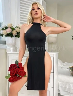 Sexy Xmas High Split Lingerie Night Dress Thigh Leg Slit Halter Underwear Gown - Image 1 of 4