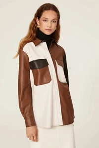 SFIZIO Faux Leather Patchwork Shirt - Color Block Brown Size XS - Picture 1 of 12