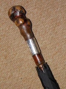 19th Century Black Umbrella Hallmarked 1893 Silver Buckle Collar & Burr Root Top - Picture 1 of 10