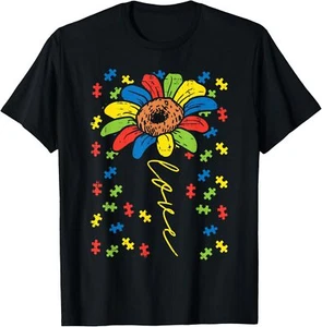 Sunflower Love Puzzle Autism Awareness Mom Dad Teacher Women T-Shirt - Picture 1 of 17