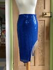 Sequin Pencil Skirt High Waist Tassel Vintage Styled Sparkly Party Size M Blue
