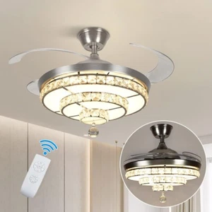 42'' Crystal Retractable Blade Ceiling Fan with Light and Remote Control Bedroom - Picture 1 of 10