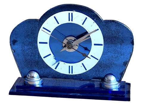 Art Deco Cobalt Blue Glass Mirror Chrome Mantle Clock Fyrart Vtg GE Telechron Cover