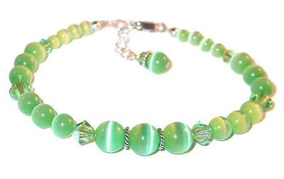 Peridot GREEN Crystal & Cats Eye Bracelet Sterling Silver Swarovski Elements - Image 1 of 3