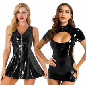 Mujeres Vestido Wetlook Cuero Pecho Abierto Halter Bodycon Mini Vestido Prendas para club nocturno Fiesta - Imagen 1 de 56