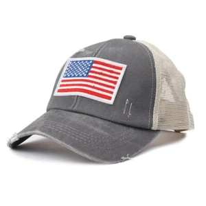Grey Distressed Ponytail American Flag Distressed Trucker Hat - USA - Adjustable - Picture 1 of 1