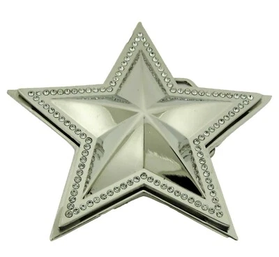 New Men Big Silver Star Belt Buckle Rhinestones Blinged Out Hip Rock Punk Tattoo - Image 1 of 2