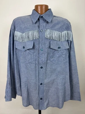 Винтажная мужская рубашка вестерн XL сужающаяся бахрома ручной работы шамбре на пуговицах для танцев - Изображение 1 из 4