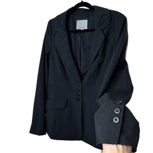 Classiques Navy Blue Pinstripe Fitted Peplum Waist 4-Button Wool Blazer 10 - Picture 1 of 12