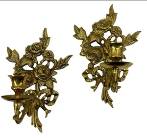 Vintage Brass Rose Bouquet Bow Sconce Set Pair Liards 9” Tall x 6” Wide MCM Gold - Picture 1 of 7