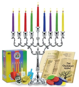 Hanukkah Menorah Candles Dreidels, Chanukah Guide Complete Set - Metal, Stand... - Bild 1 von 8