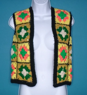 Chaleco Cuadrado Abuela Crochet Mano Años 60 70 Verde Amarillo Salmón Talla S/M De Colección Foto 1 de 4