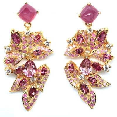 Thailändische Handgefertigte 7 x 7 mm Rosa Rubin, Rosa Topas & Saphir Ohrringe - Bild 1 von 4