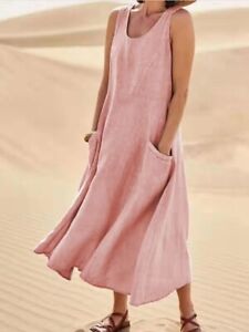 Women's Cotton Linen Maxi Dress Ladies Solid Pockets Sleeveless Summer Sundress