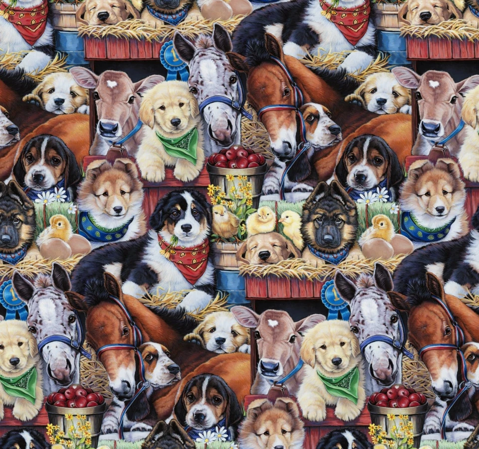 Animal Fabric | Puppy Dog Cow Chick Barn Packed | David Textiles YARD - Image 1 of 1