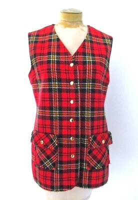 Vtg 60s 70s Mod Red Black Gold Tartan Plaid Long Tunic Vest Duster Pockets 16 - Image 1 of 4