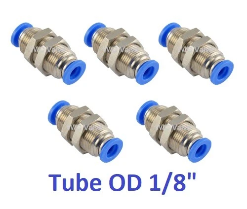 Bulkhead Union Connector Tube OD 1/8" Pneumatic Air Push In Tube Fitting 5 Piece - Image 1 of 1