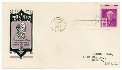 1947 年 - #945 - Thomas Edison 首日封面 - IOOR Cachet - FDC — 第 1/2 张图片