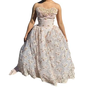 Lillie Rubin 50er Chiffon Tüll Rosa Blumen Applikation Trägerlos Party Abschlussball XS - Bild 1 von 8