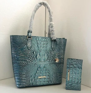 BRAHMIN Ellen ARCTIC BLUE Melbourne CrocEmbossed Leather Handbag Tote ADY Wallet - Picture 1 of 24