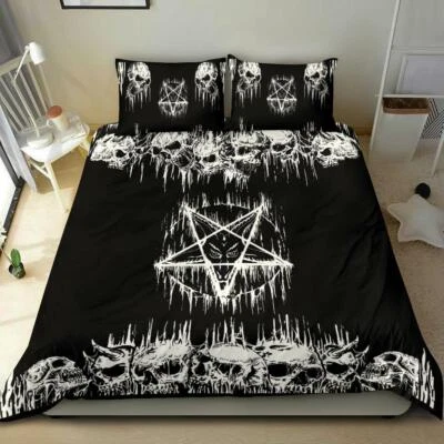 Juego de edredón oculto pentagrama de fusión invertido calavera satánica ropa de cama Baphomet Foto 1 de 4