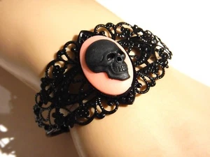 BLACK METAL GOTHIC CAMEO CUFF filigree bracelet bangle Heart Skull emo E3 - Picture 1 of 7