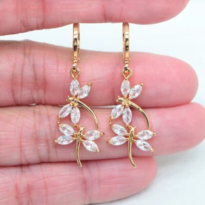 18K Yellow Gold Filled Women Clear Mystic Topaz Dragonfly Dangle Earrings - Picture 1 of 4