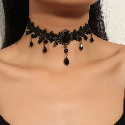 Beaded Dark Vintage Choker Jewelry Sexy Lace Rose Flower Gothic Necklace - Image 1 of 4