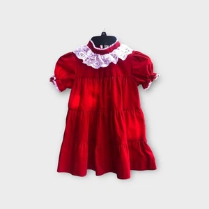 Vtg Girl’s Red Velvet And Lace Christmas Holiday Long Sleeve Dress Sz 6 - Picture 1 of 22