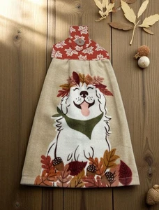Fall Handmade Hanging Dishtowel White Autumn Puppy and Leaves Beige Towel - Picture 1 of 6
