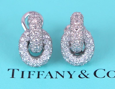 $25,500 Tiffany & Co Platinum Pave Diamond Oval Link Interlock Dangle Earrings - Image 1 of 4