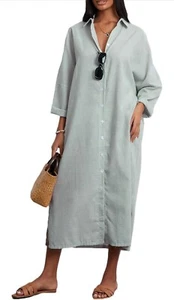 Women Button Down Shirt Dress Casual Striped Linen Maxi Dress Spring Fall Loose - Picture 1 of 7