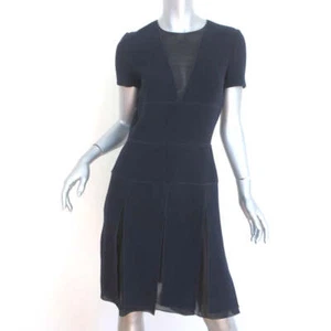 Christian Dior Short Sleeve Dress Navy Wool Crepe with Chiffon Insets Size US 6 - Picture 1 of 8