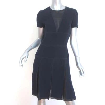 Christian Dior Short Sleeve Dress Navy Wool Crepe with Chiffon Insets Size US 6 - Image 1 of 4