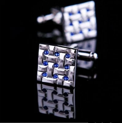 Gemelos para hombre de oro blanco de 10 quilates con tejido cuadrado de zafiro azul simulado Foto 1 de 4