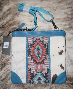 Myra #8932 Umhängetasche aus Leder, Haar, Teppich, Leinwand 11 Zoll x 10,5 Zoll ~ Taschen ~ blau ~ - Bild 1 von 3