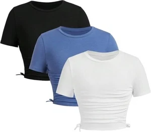 Paquete de 3 camisetas cortas ajustadas de manga corta acanaladas cuello redondo para niñas, talla 10 años - Imagen 1 de 6