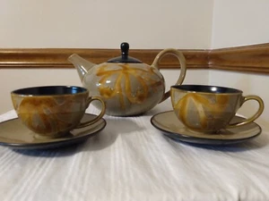 Pier 1 KIOKO Teapot with Lid Hand Painted Stoneware Brown/Olive 2Cups & Saucers - Picture 1 of 10