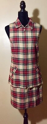 复古 J McLaughlin 红色格子羊毛拉链背心和裙子套装衬里尺寸 6 & 8 美国 — 第 1/4 张图片