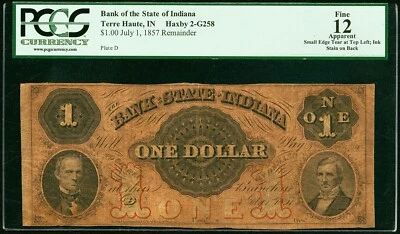 1857 - Terre Haute IN - Bank of the State of IN - $1 - PCGS 12 - GREAT COLOR! - Image 1 of 2