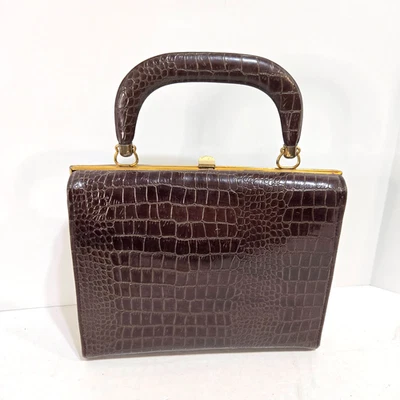 Vtg 50's Womens Handbag Faux Crocodile Embossed Satchel Gold Clasp Top Handle - Image 1 of 4