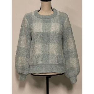 LC Lauren Conrad Sherpa Crewneck Sweater Buffalo Plaid Blue Size M - Picture 1 of 8