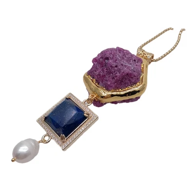 Red Ruby Rough Raw Blue Lapis Square White Rice Pearl Gold Plated Chain Necklace - Image 1 of 4