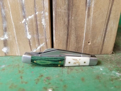 Remington 3 Blade Stockman Pocket Knife Green And White Bone Handle Duck - Image 1 of 3