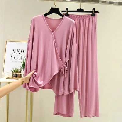 Japanese Kimono  New Simple V-neck Pajamas Suit Loose Casual Long-sleeved Suit - Image 1 of 4