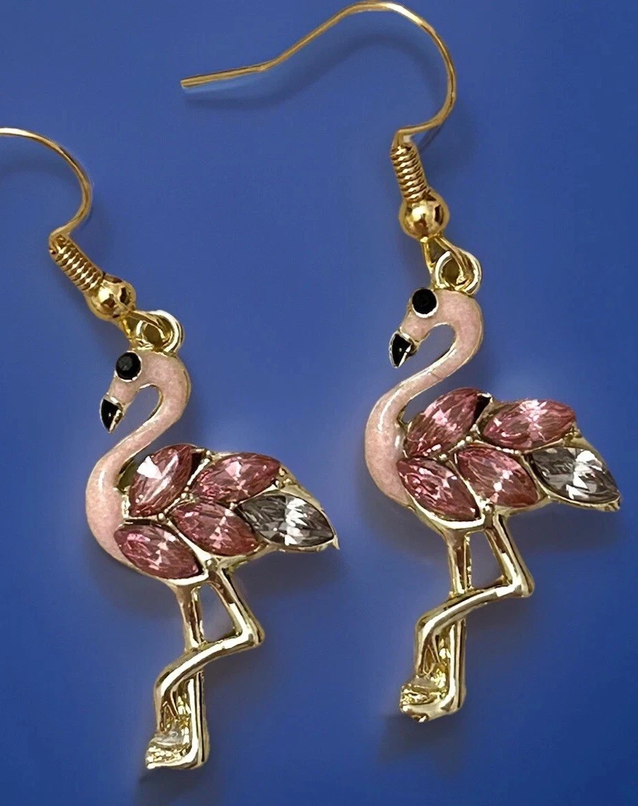 2-Pair Flamingo With Santa Hat Earrings - Christmas Animal Dangle Earrings For Women
